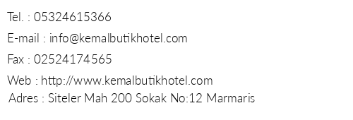 Kemal Butik Otel telefon numaralar, faks, e-mail, posta adresi ve iletiim bilgileri